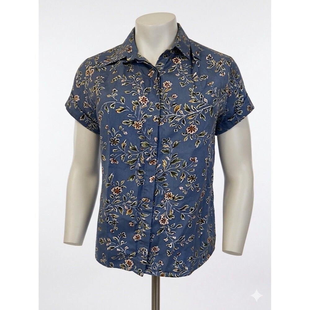 NWOT Alice Blue 100% silk blue short sleeve floral shirt size L